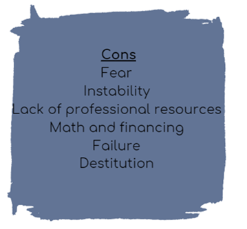 Cons: fear, instability, lack of professional resources, math and financing, failure