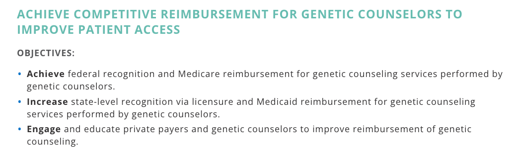 Achieve competitive reimbursement for genetic counselors to improve patient access Objectives: Achieve federal recognition and Medicare reimbursement for genetic counseling services performed by genetic counselors. Increase state-level recognition via licensure and Medicaid reimbursement for genetic counseling services performed by genetic counselors. Engage and educate private payers and genetic counselors to improve reimbursement of genetic counseling.